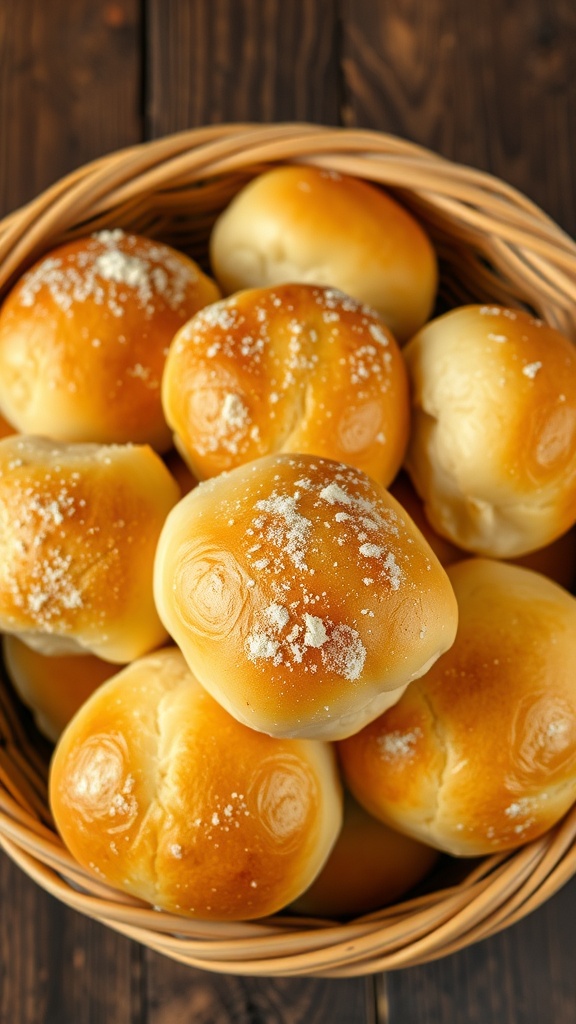 A basket of fluffy potato yeast rolls, golden-brown and soft, on a rustic wooden table.